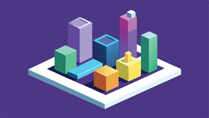 Isometric cityscape abstract design featuring colorful buildings on a white border