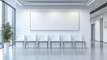 Several minimalist, modern chairs with sleek metal frames are lined up along the wall of a spacious, brightly lit room with clean white walls and abstract art hanging above.