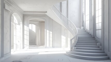 Sunlit White Staircase in a Grand Mansion
