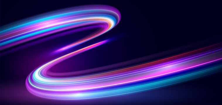 Modern abstract high speed movement with dynamic motion light trails, speed effect on dark blue background. Futuristic digital technology concept. Pattern for banner. Vector EPS10.