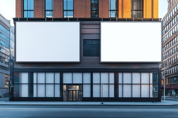 Building facade with two blank billboards on white background