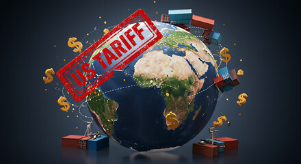 An impactful AI-generated editorial illustration symbolizing US-imposed tariffs on global trade. Features a "US Tariff" stamp crashing onto Earth, disrupting shipping containers and trade routes. Perf