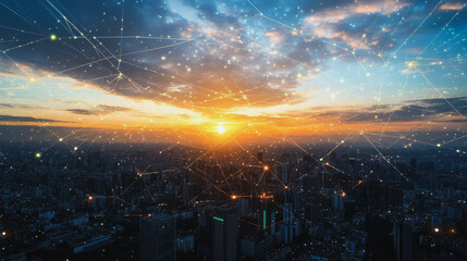 Fototapeta premium Smart city with connection network reciprocity over the cityscape social media networking systems that connects on the peak of success amid tall, innovative Smart city and graphs with statistics to a