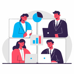 Business Teamwork Concept. Vector illustration in flat style of puzzle pieces with different people in business suits in each, performing various work