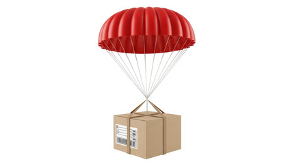Isolated Cardboard Box Suspended by Red Parachute