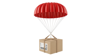 Isolated Cardboard Box Suspended by Red Parachute