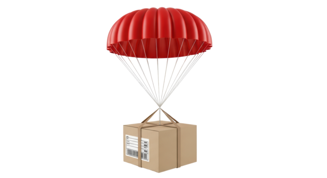 Isolated Cardboard Box Suspended by Red Parachute - Powered by Adobe