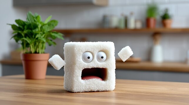 White sugar cube with a face on it is sitting on a wooden table. The cube has a surprised expression and he is in a kitchen