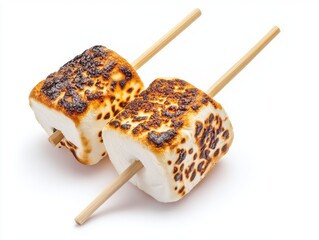 Two toasted marshmallows on skewers, isolated on white