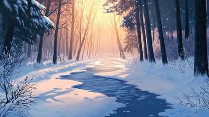 Winter forest stream.  Sunrise through trees