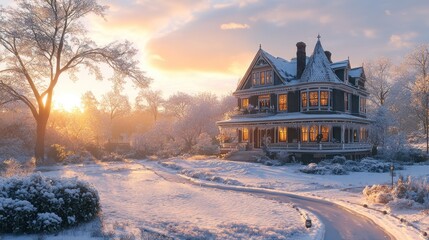 A two-story Victorian-style house draped in snow, with intricate details of the architecture visible, and a soft orange glow from the sunrise reflecting off the snow.