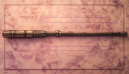 Mock layout of ancient sonar staff with hologram lines on dusty rose papyrus -
