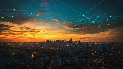 Fototapeta premium Smart city with connection network reciprocity over the cityscape social media networking systems that connects on the peak of success amid tall, innovative Smart city and graphs with statistics to a