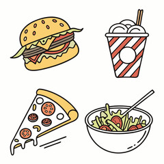 Collection of business teamwork icons. Fast food, burger, pizza, noodle illustrations. Food icons