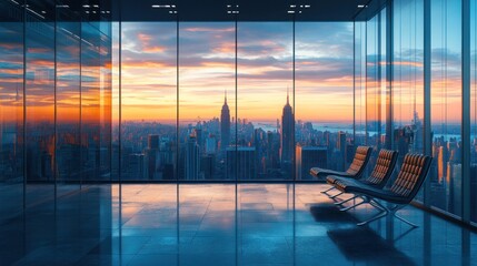 Several sleek black chairs with leather cushions are lined up along the glass wall of a futuristic, high-rise room, with a breathtaking view of the city skyline in the background.