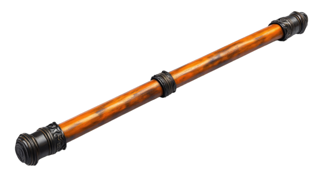 A long, slender object with a rich, orange-brown, wood-like textured body and dark metallic end caps featuring intricate detailing