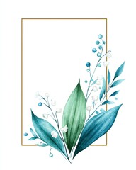 delicate watercolor frame with lily of the valley and dusty blue leaves, minimalist design for invitations or packaging