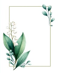 delicate watercolor frame with lily of the valley and dusty blue leaves, minimalist design for invitations or packaging