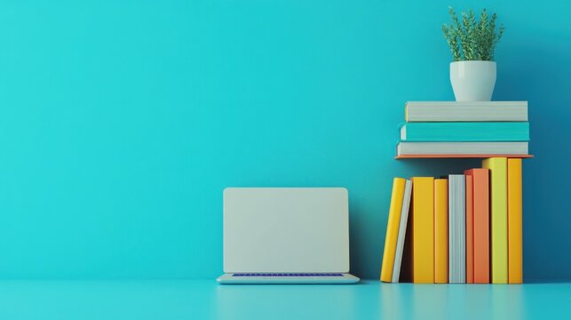 Simple workspace with laptop and books