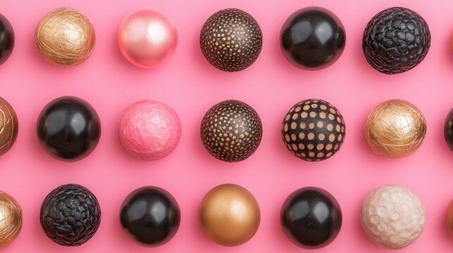 Three dimensional pattern of various spheres flat laid against pink background