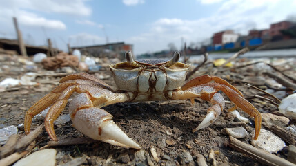 Crab walking littered ground near water body, showcasing its claws and texture low angle view. scene highlights environmental