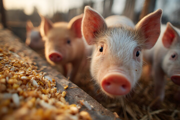 Nutritious Pig Feed Granules with Ravenous Baby Pigs in Background - A Fodder for Healthy Farm Animal Husbandry