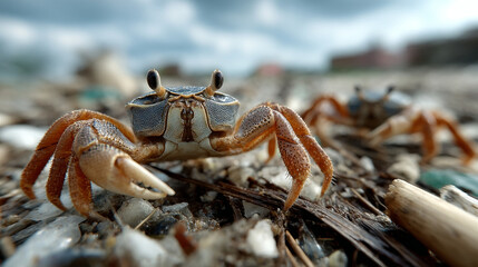 Crabs walking over plastic litter on beach, showcasing their natural habitat and impact of pollution