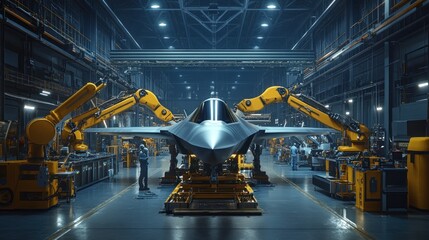 Modern jet fighter assembly in a large hangar.  Robots and workers collaborate to build the aircraft