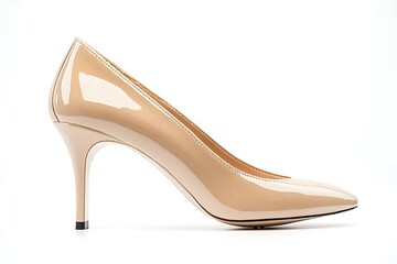 Beige Patent Leather High Heel Shoe Isolated on White Background, Fashionable Footwear
