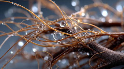 Dried plant fibers with water droplets create captivating macro view, showcasing nature intricate details and textures