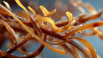 Vibrant seaweed with bubbles, showcasing intricate textures and colors in macro view, evokes sense of underwater beauty