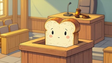 Cartoon illustration of a smiling slice of bread in a courtroom, standing in a witness box, surrounded by wooden furnishings and a gavel, depicting a whimsical legal scenario