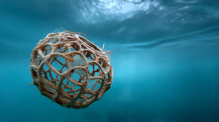 Floating ball made of natural fibers in clear blue water, showcasing beauty of underwater life and environmental concerns