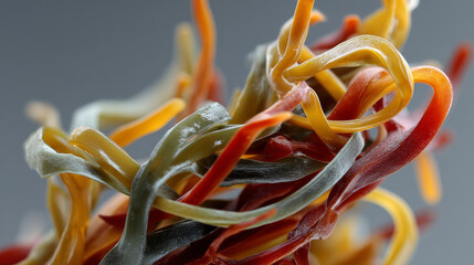 Colorful seaweed strands create intricate, tangled composition, showcasing vibrant hues and textures that evoke sense