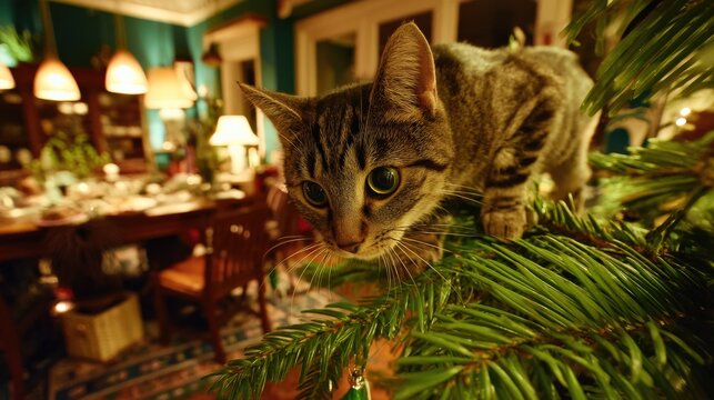 Adventurous Cat Climbing a Christmas Tree in Cozy Living Room