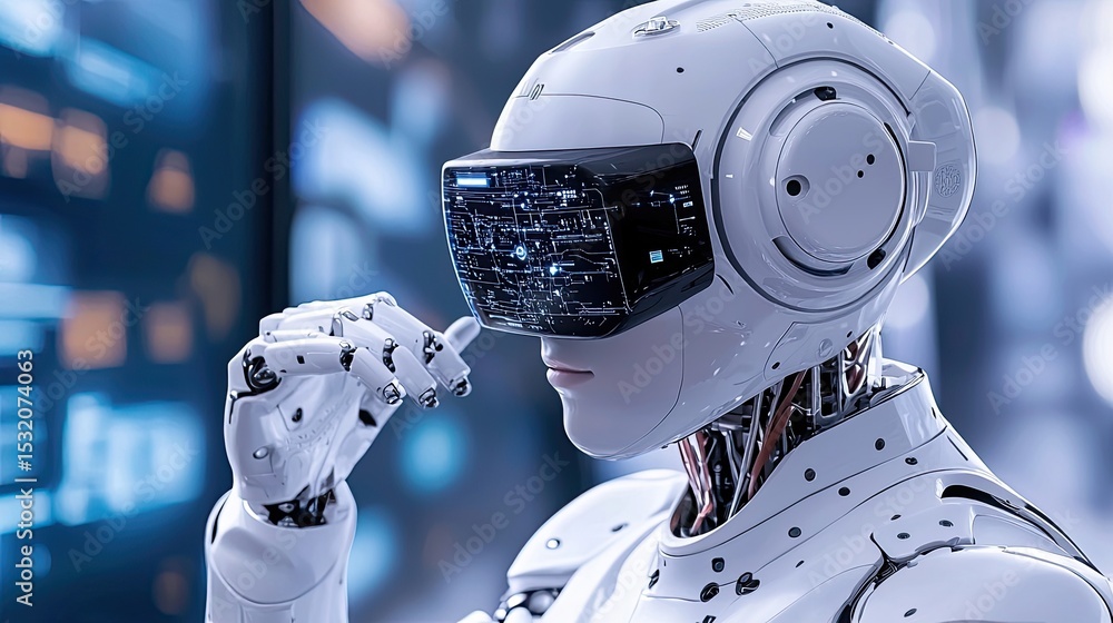 Poster futuristic robot with virtual reality headset in tech environment