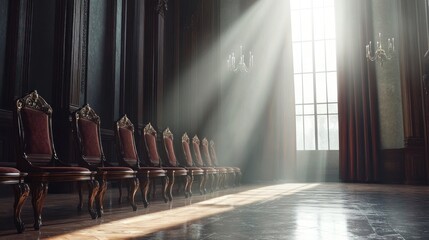 Several wooden chairs with intricate patterns are neatly arranged along the walls of a spacious vintage room with large windows and heavy velvet curtains. Sunlight penetrates inside.