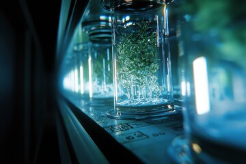 A row of small plants enclosed in futuristic glass containers bathed in blue light
