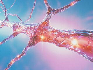 A shimmering neuron with glowing synapses surrounded by a vibrant ethereal blue and pink background