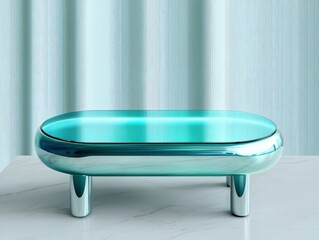 A sleek modern turquoise table with a reflective surface and cylindrical legs stands against a minimalist backdrop