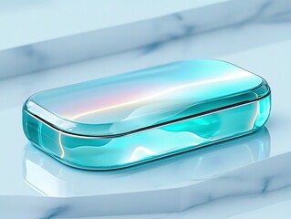 A sleek reflective turquoise object with an iridescent glow rests on a marble surface