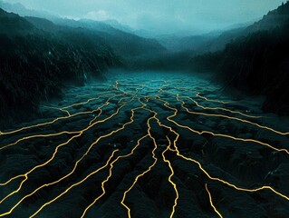 A sprawling network of glowing yellow veins stretches across a dark rugged landscape beneath an overcast sky