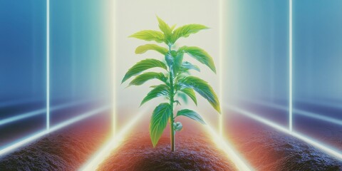 A young plant glows vibrantly in a futuristic illuminated setting