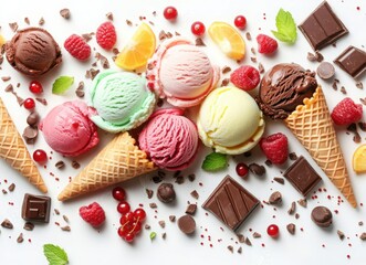 colorful ice cream with berries and chocolate in waffle cones, top view on white background