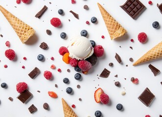colorful ice cream with berries and chocolate in waffle cones, top view on white background