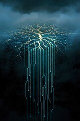 Electric roots extend into a digital abyss blending nature and technology