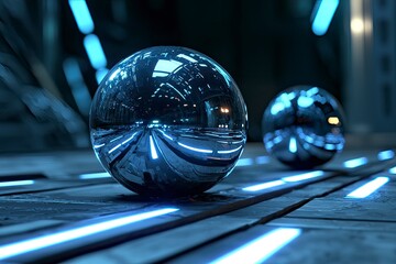 Futuristic metallic spheres reflecting glowing blue lights on a sleek illuminated surface