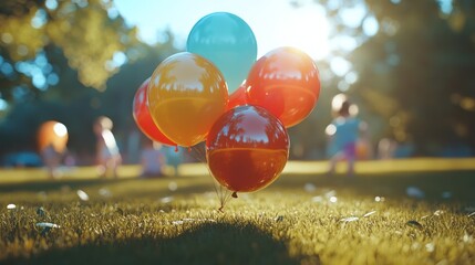 A group of neon-colored balloons drifting upward in a sunlit park, casting soft shadows on the grassy ground below as children play in the background.