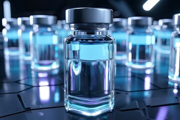 Gleaming vials filled with luminous blue liquid stand neatly arranged on a futuristic metallic surface