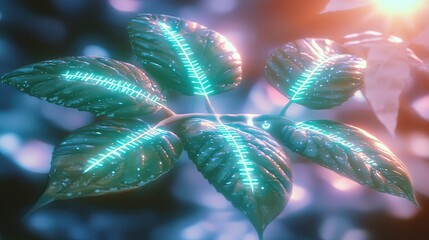 Glistening leaves with ethereal blue patterns illuminated by gentle light